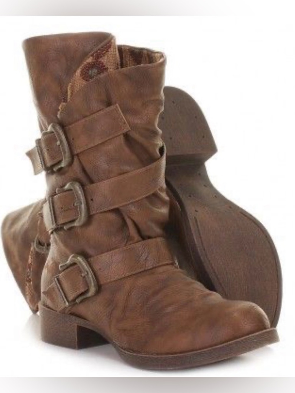 Blowfish Whiskey Old Saddle Brown Triple-Buckle Boots Coachella Biker Boho W 6.5